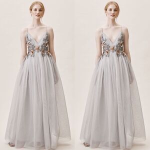 BHLDN Gray Maxi Dress with Floral Embellishments